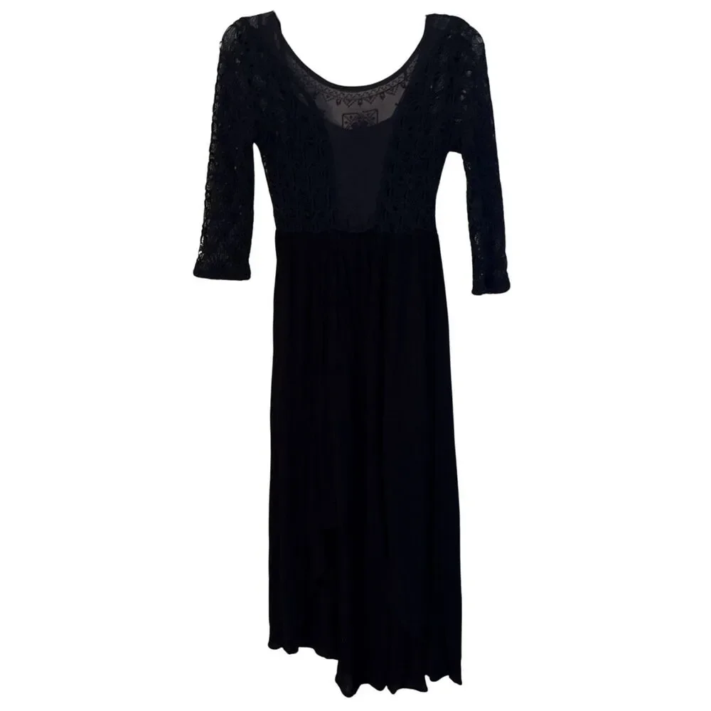 Free People Lonesome Dove Midi Dress Size 6 Black Crochet Knit Lace Whimsigoth